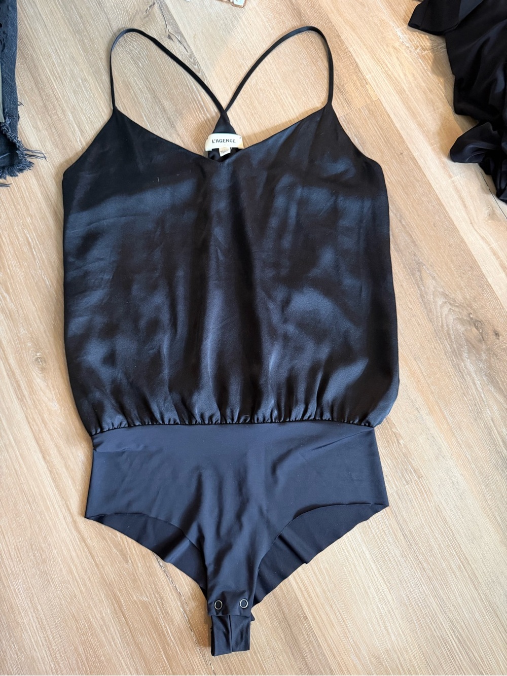 L'AGENCE Black Satin Camisole Bodysuit with Stretch Knit Bottom